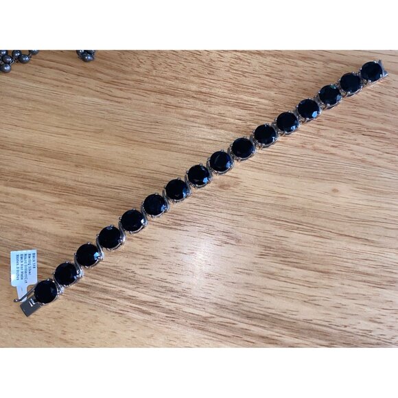 Black 14.4g Sterling Silver BBJ Round Brilliant Cut Black Glass Stone Bracelet 8 - Picture 1 of 10